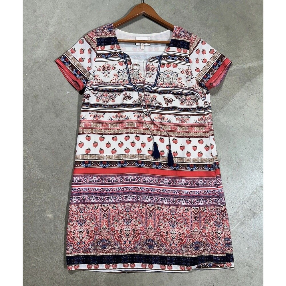 Skies Are Blue Mini Sheath Dress Embroidered Print Sz Medium Floral Tassel Boho